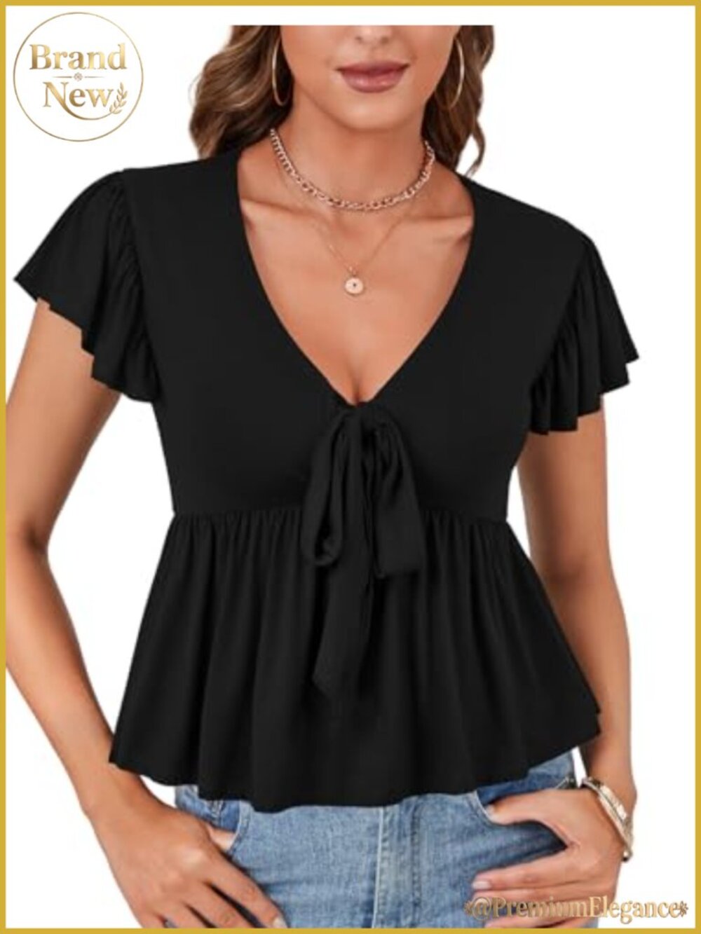 Deep V Neck Tie Knot Ruffle Hem Peplum Blouse Short Sleeve